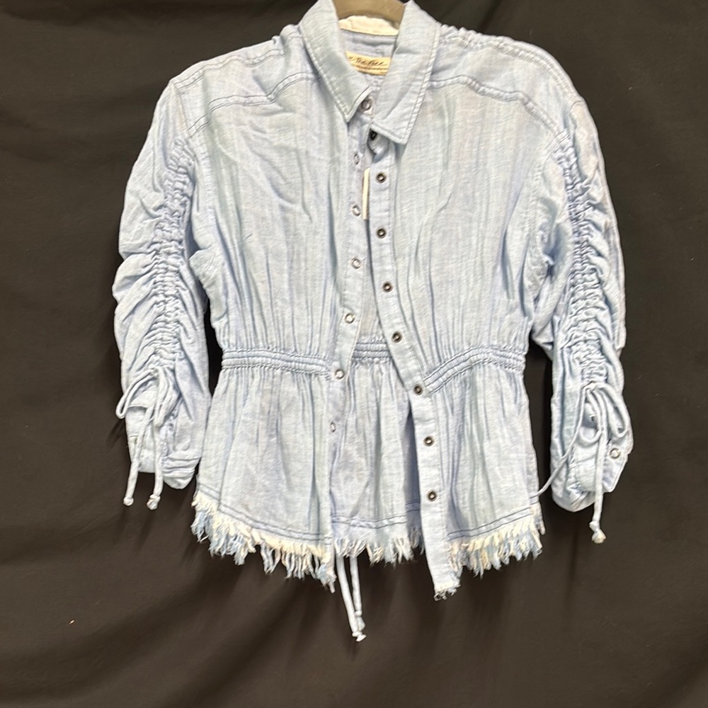 Free People Blue Cropped Jean Jacket with Tie Sleeves